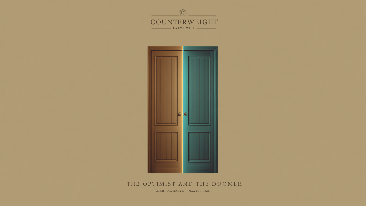 A split door, warm wood on one side and teal on the other, for Counterweight Part I of III: The Optimist and the Doomer, by Clare Hawthorne and Max Tuchman.
