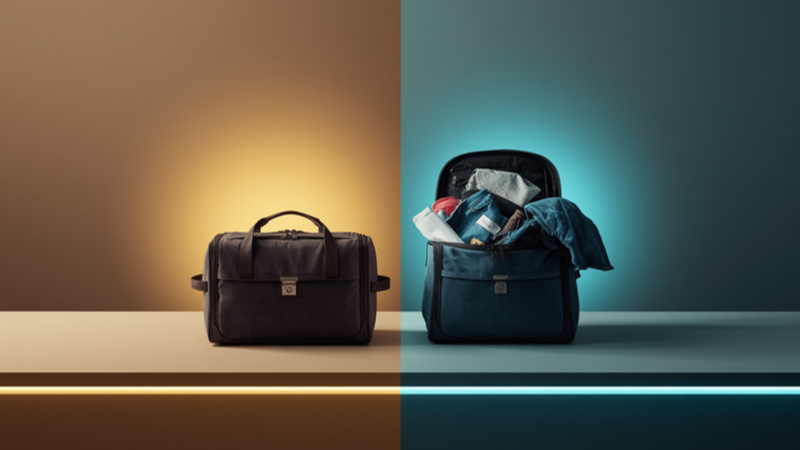 Two bags on the same desk for Counterweight Part II of III: The Stack You Don't Own, by Clare Hawthorne and Max Tuchman. One closed and latched under warm gold light, one half-open and overflowing under cool teal light.
