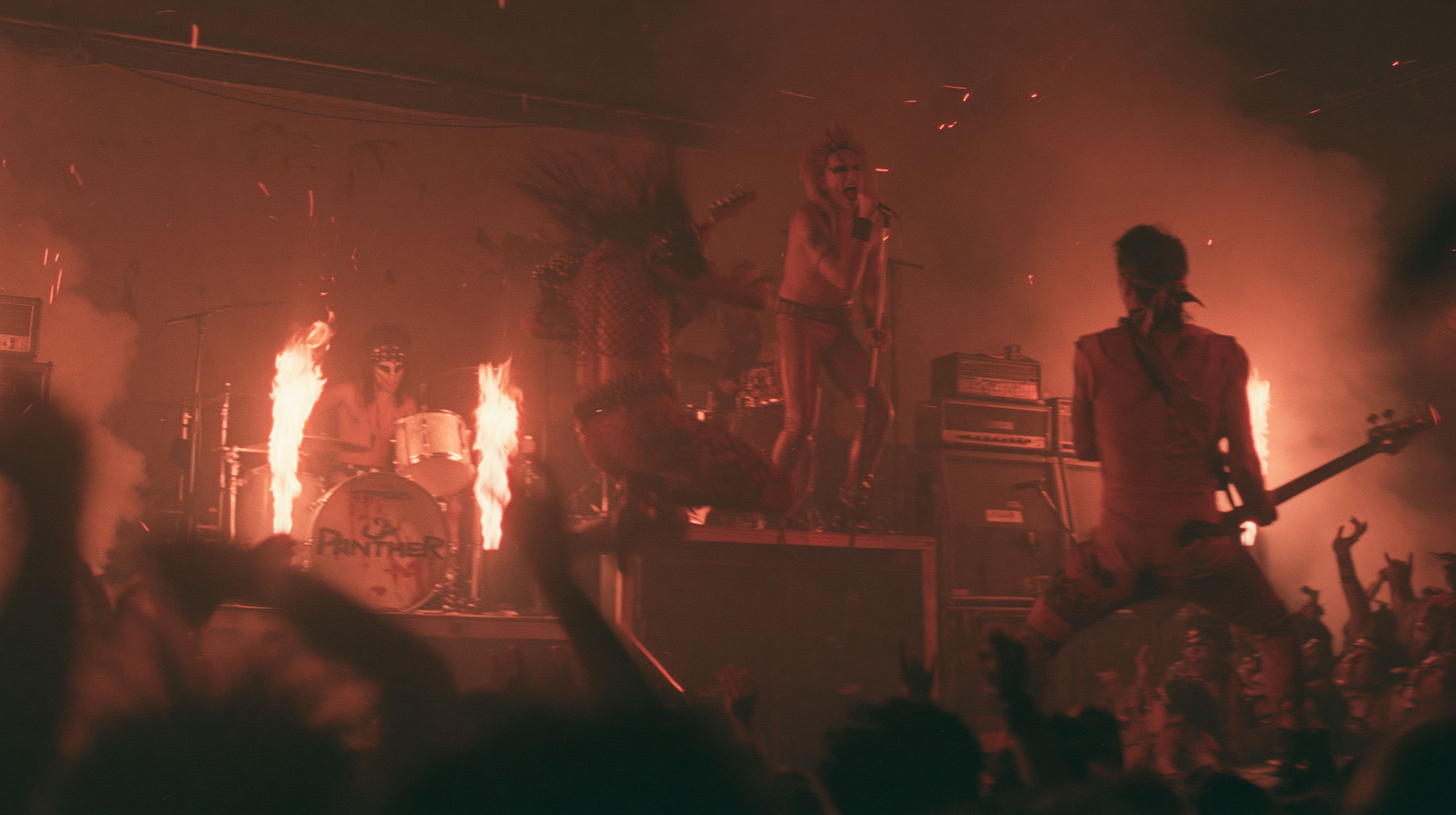 Glam metal concert in full pyro — Establishing Shot