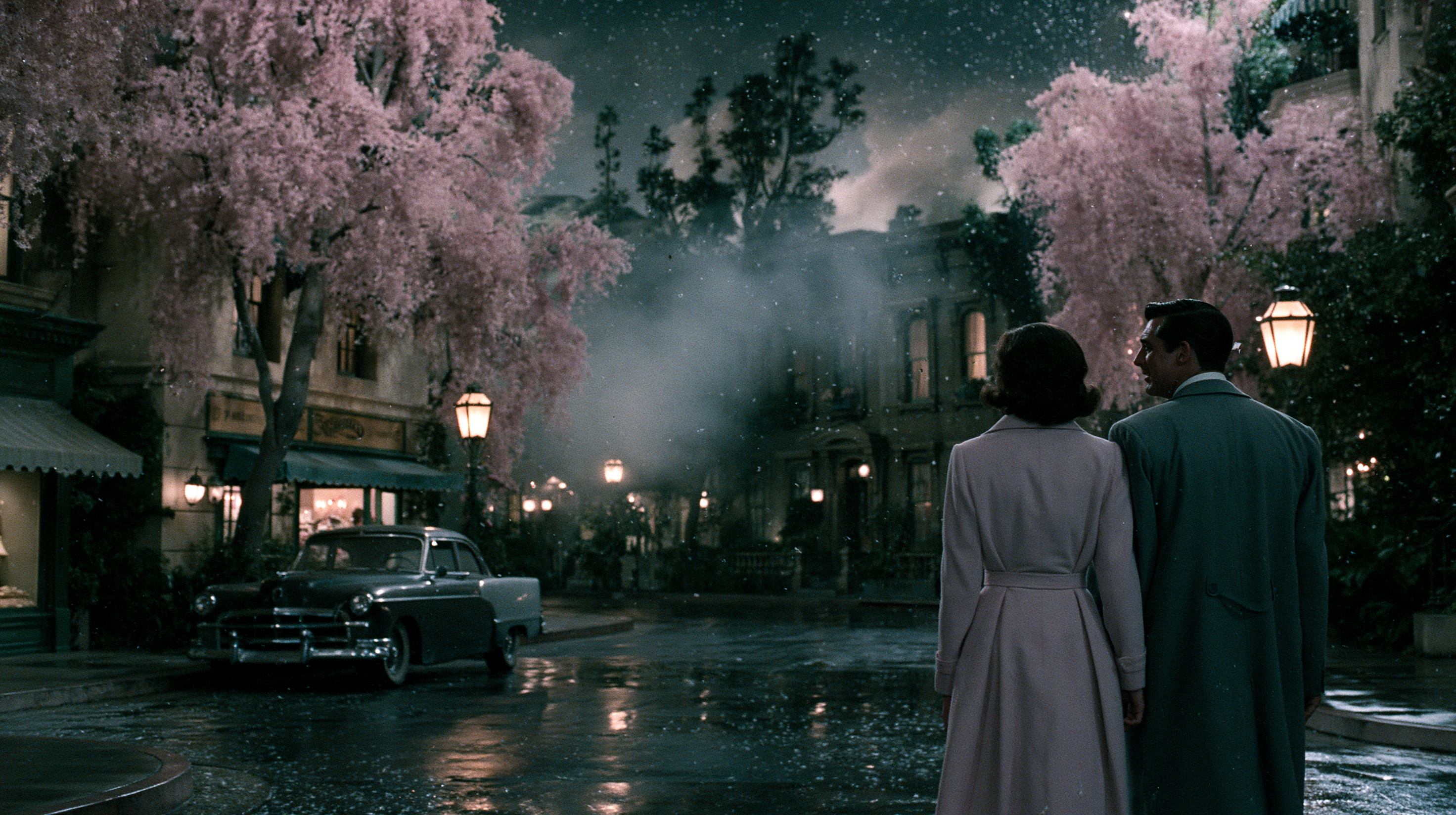 Couple on a 1960s Hollywood backlot — Establishing Shot