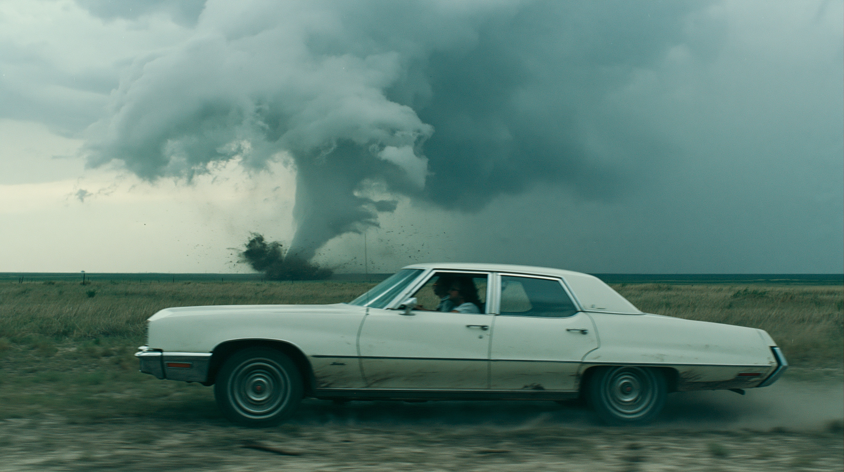 Vintage sedan racing past a tornado — Motion & Camera Moves