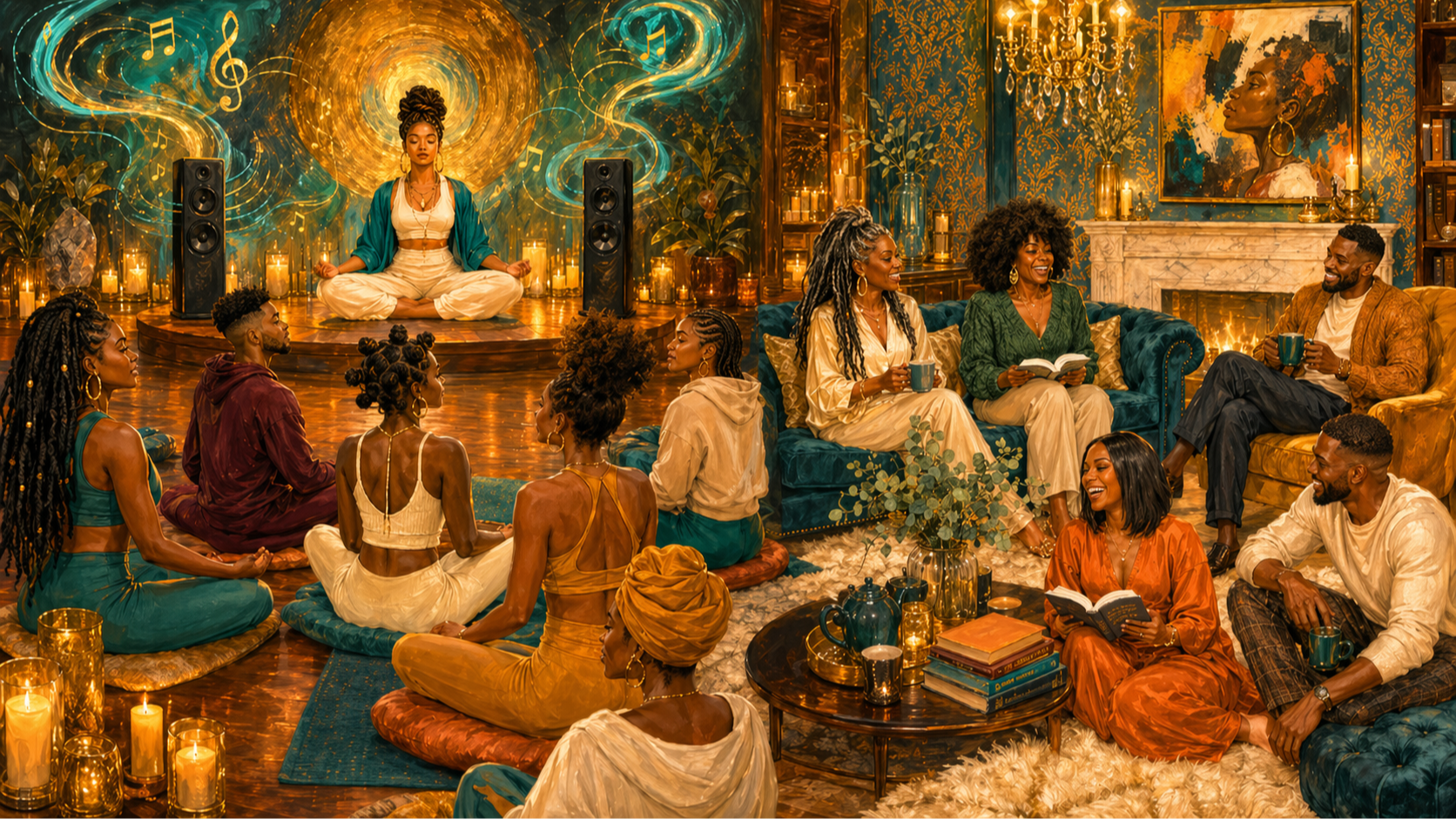 African American woman, man, and elder studying Bibles with laptops and iPads at The WellSpring Bookstore Café