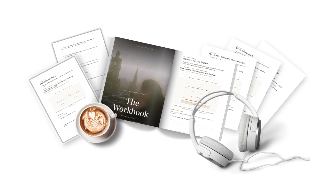 The Better Questions workbook, headphones and coffee