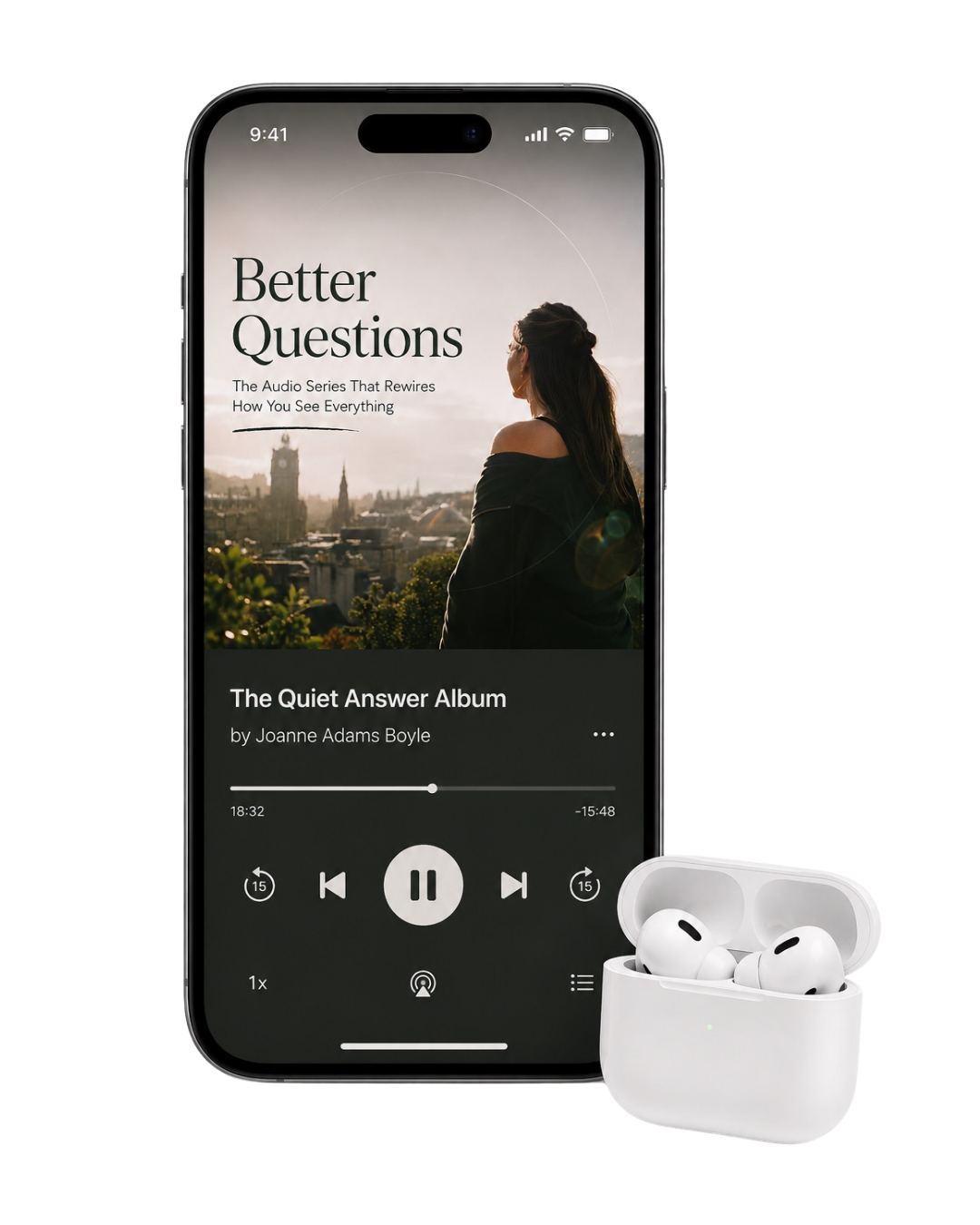 Better Questions playing on a phone beside AirPods