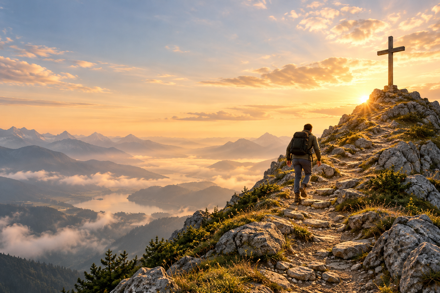 A person walking up a rocky mountain path toward a cross at the summit