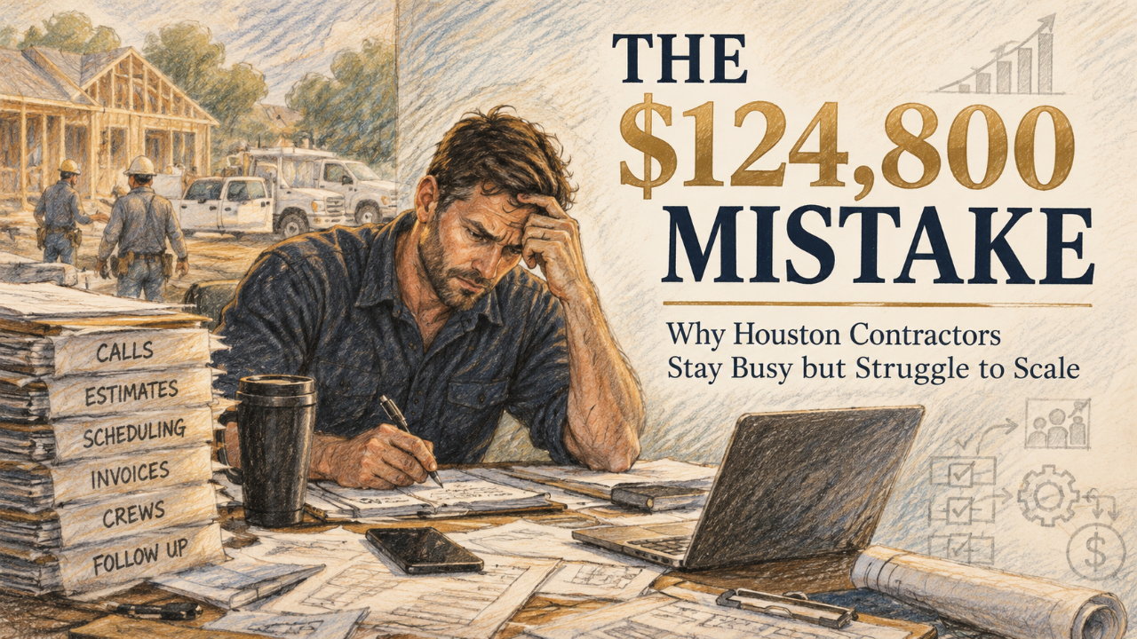 The $124,800 Contractor Mistake — colored-pencil illustration of a contractor working late