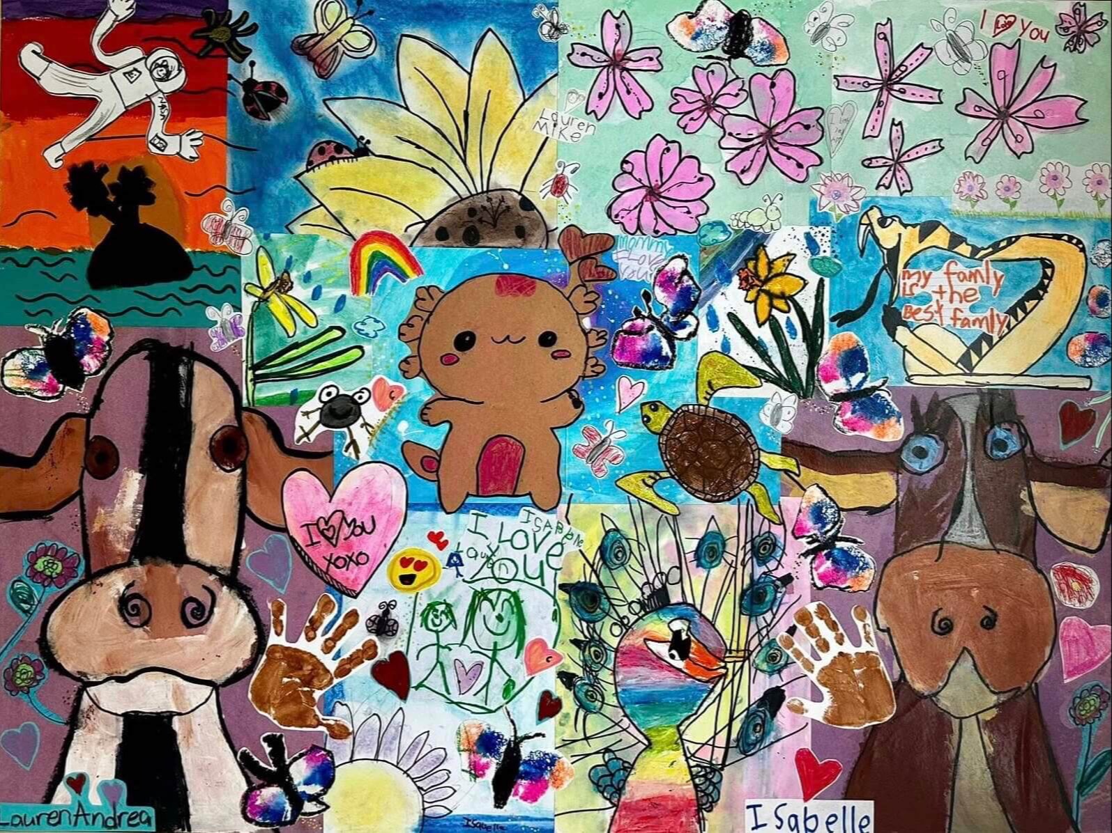 Close up of children's original drawings preserved in fine art collage
