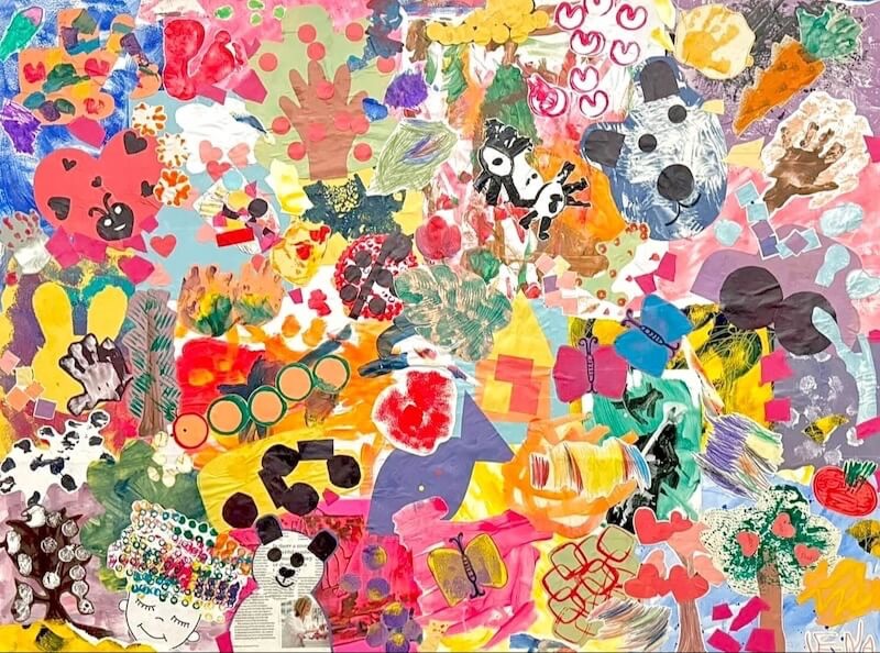 Fine art mixed media collage made from kids drawings