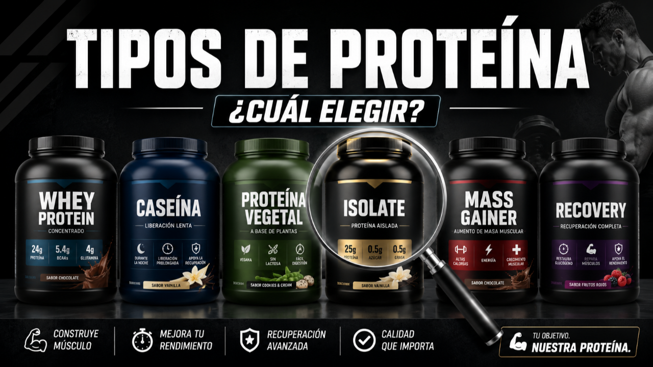 imagen de Fila de varios tarros de proteína (whey protein, caseína , proteína vegetal, mass gainer, etc)