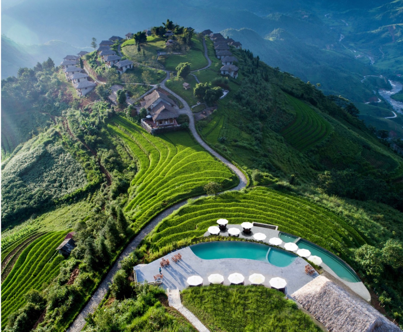 Aerial view of Topas Eco Lodge on terraced hills near Sa Pa, Vietnam