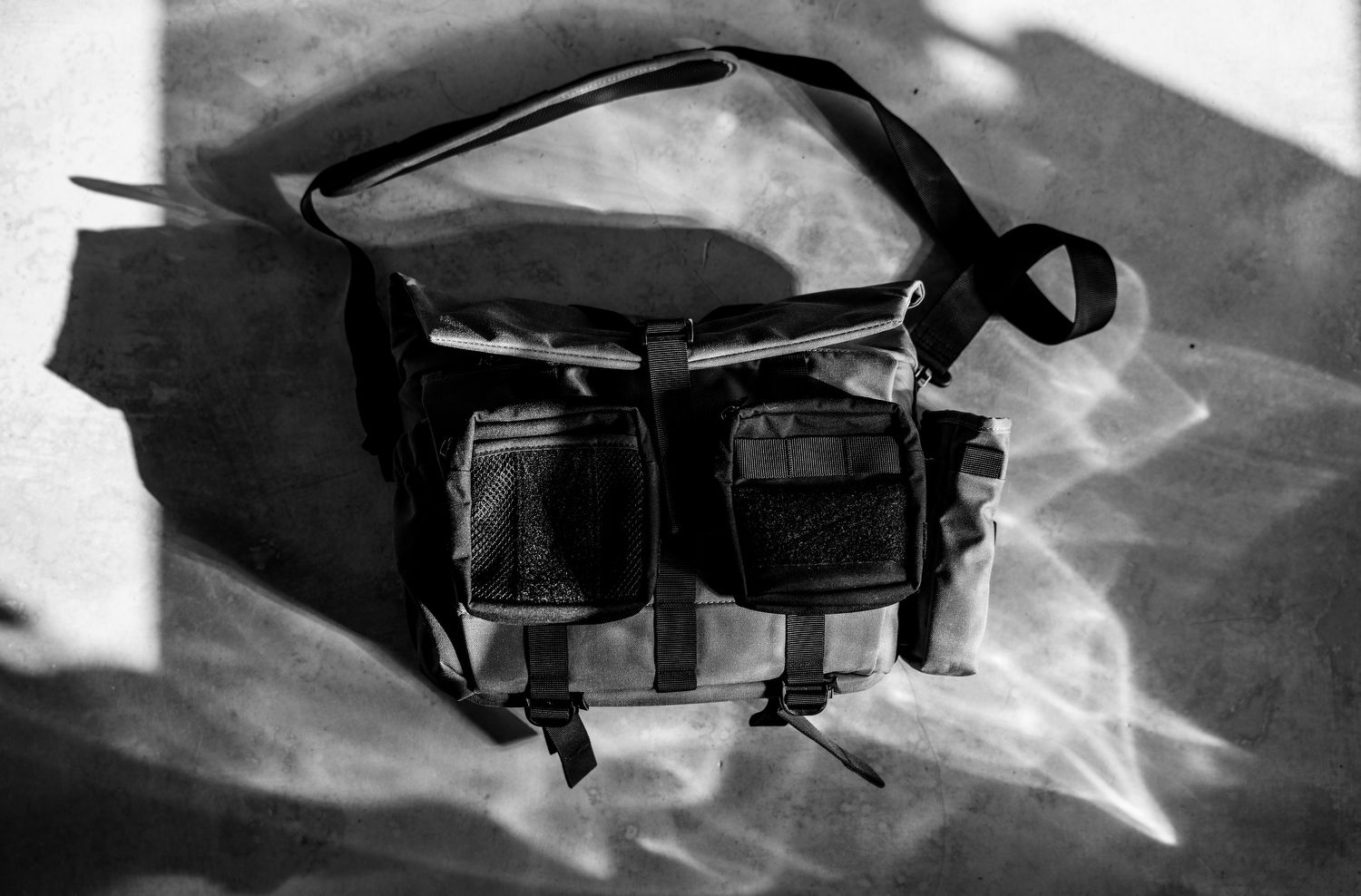 Wotancraft Pilot 88 camera bag overhead view in black and white