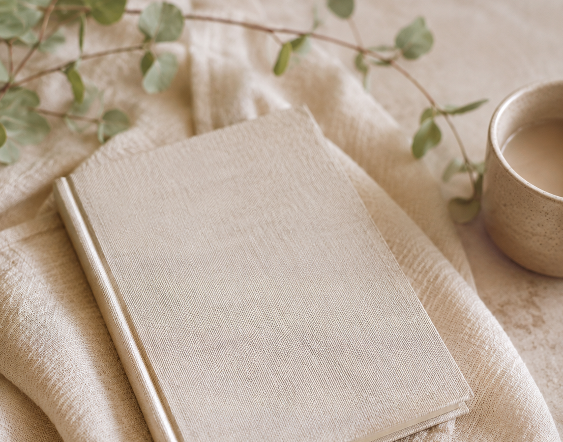 Neutral-toned notebook resting on soft beige fabric beside a ceramic cup and delicate greenery, creating a calm and minimal aesthetic.