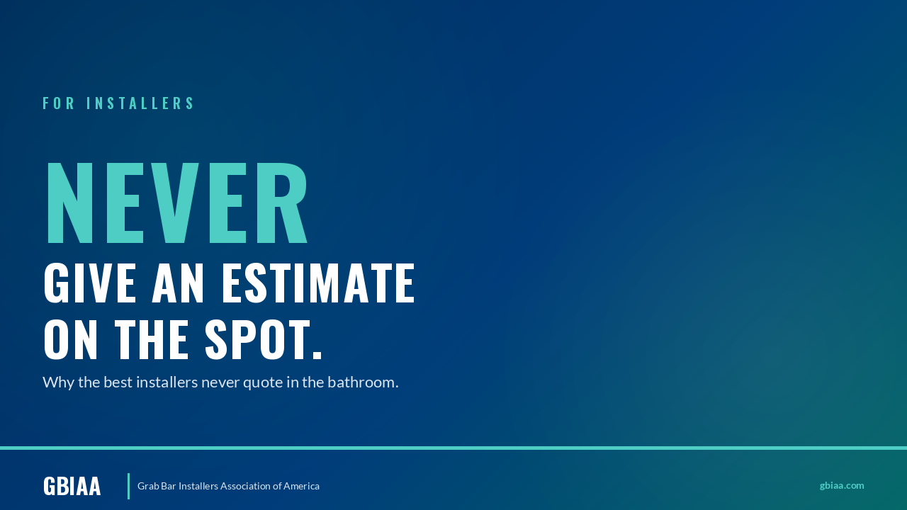 Typography hero image for "Never Give an Estimate on the Spot" with GBIAA branding on dark blue background