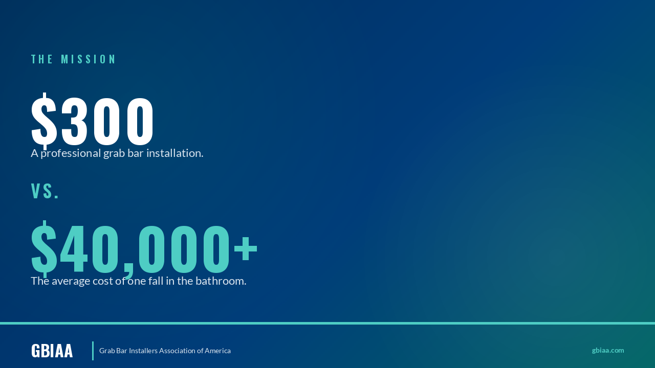 Typography hero comparison — "$300" in white labeled "A professional grab bar installation" above "VS." in teal above "$40,000+" in teal-light labeled "The average cost of one fall in the bathroom." THE MISSION eyebrow on dark blue background