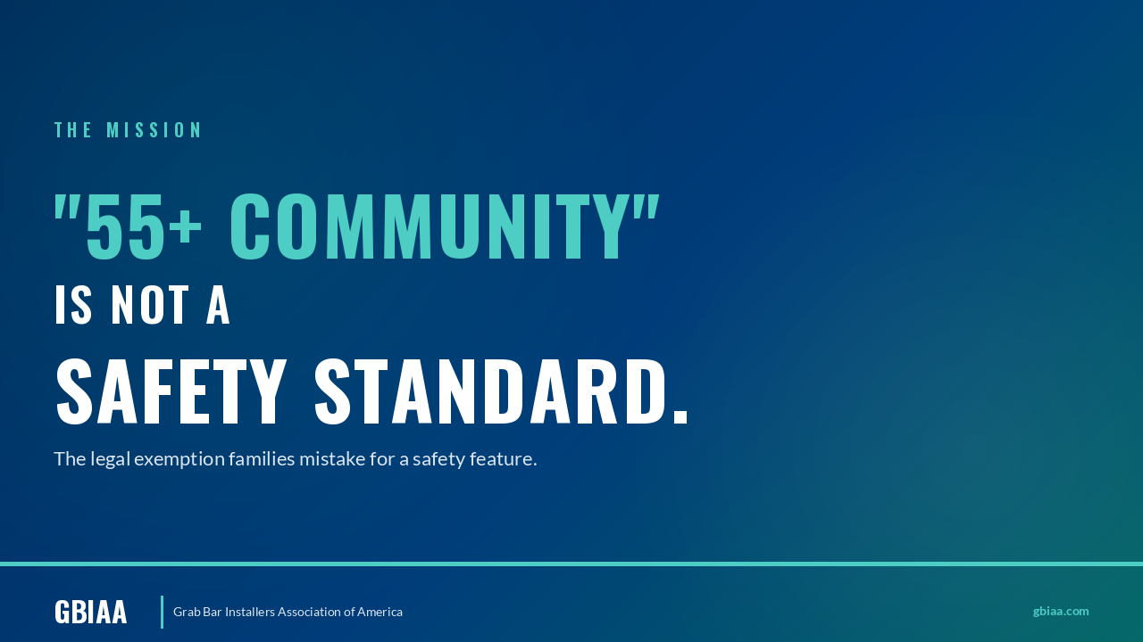 Typography hero image for "55+ Community Is Not a Safety Standard" with GBIAA branding on dark blue background