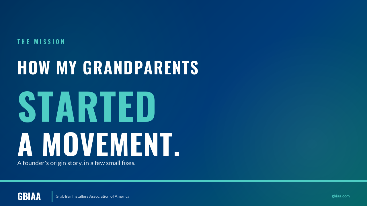 Typography hero with "HOW MY GRANDPARENTS" in white, "STARTED" oversized in teal, and "A MOVEMENT" in white. THE MISSION eyebrow with subhead "A founder's origin story, in a few small fixes"