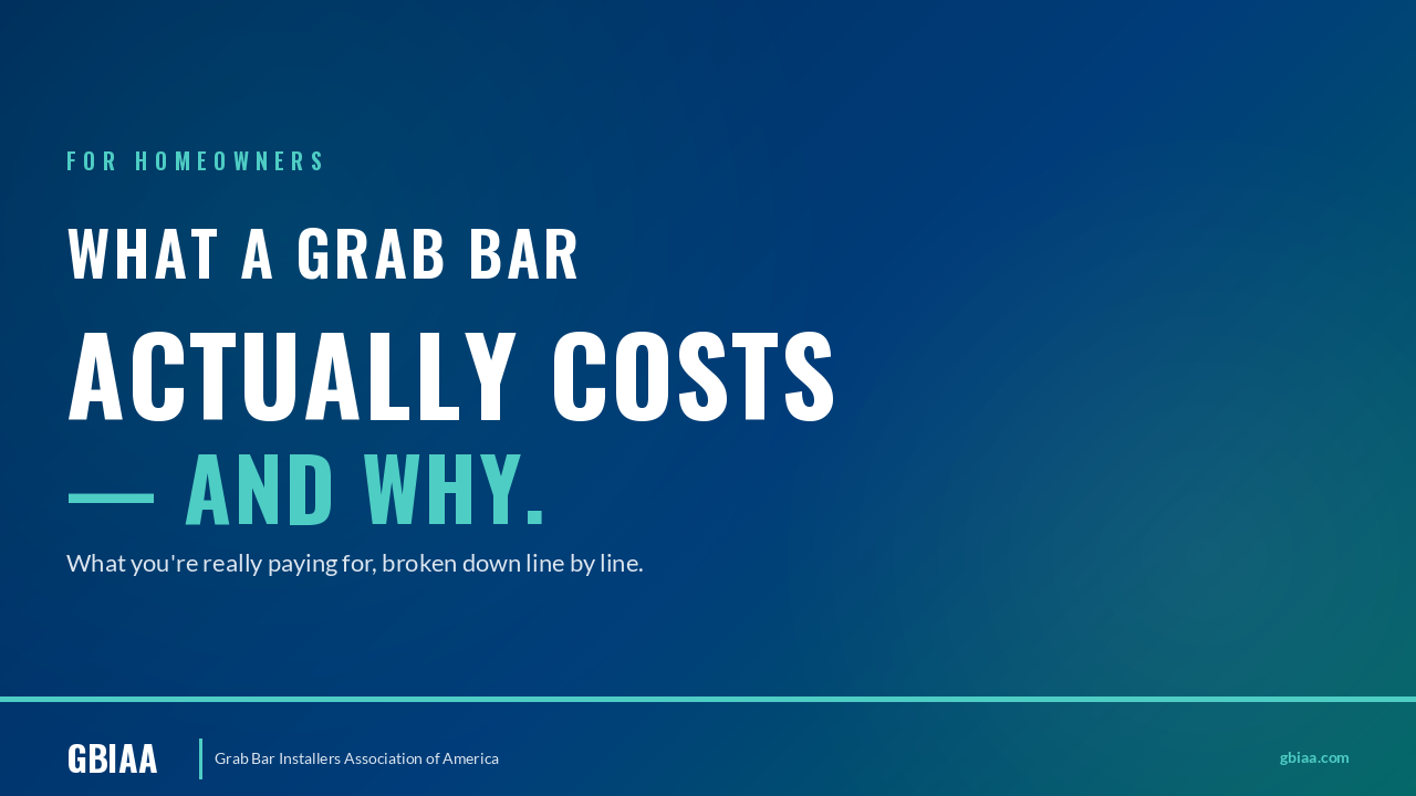 Typography hero image for "What a Grab Bar Actually Costs and Why" with GBIAA branding on dark blue background