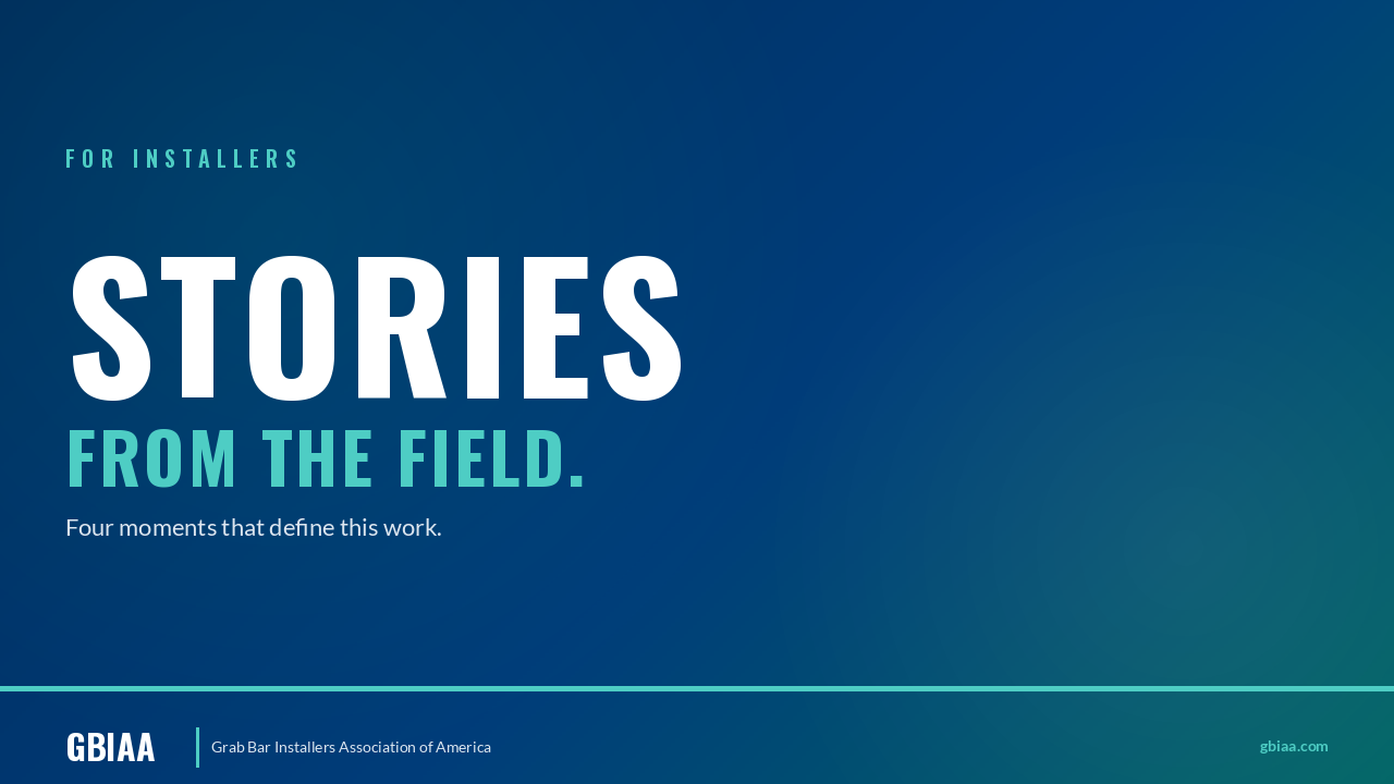 Typography hero image for "Stories From an Experienced Grab Bar Installer" with GBIAA branding on dark blue background