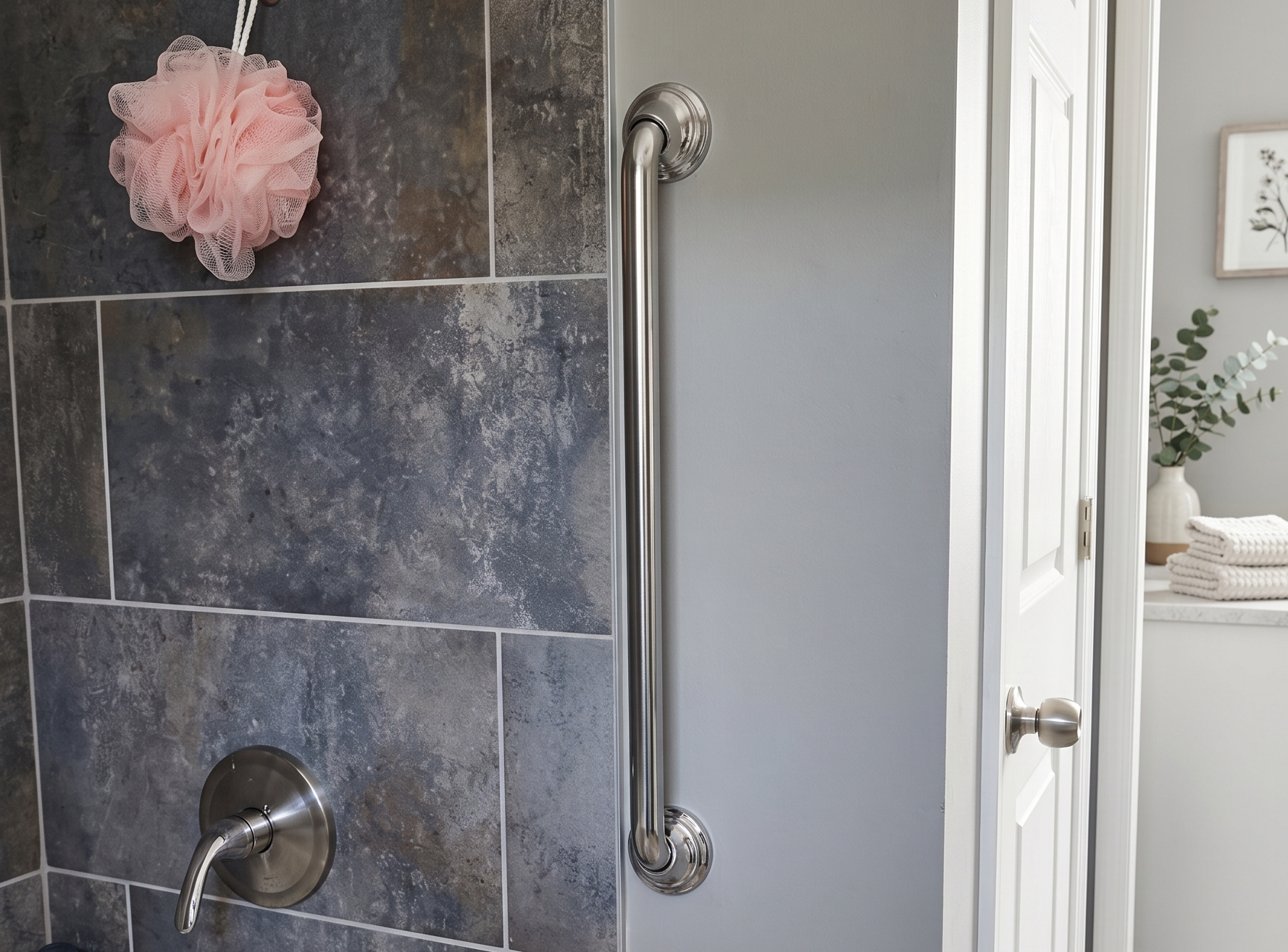 A professionally installed brushed-nickel grab bar seated solid in a slate-tiled bathroom.