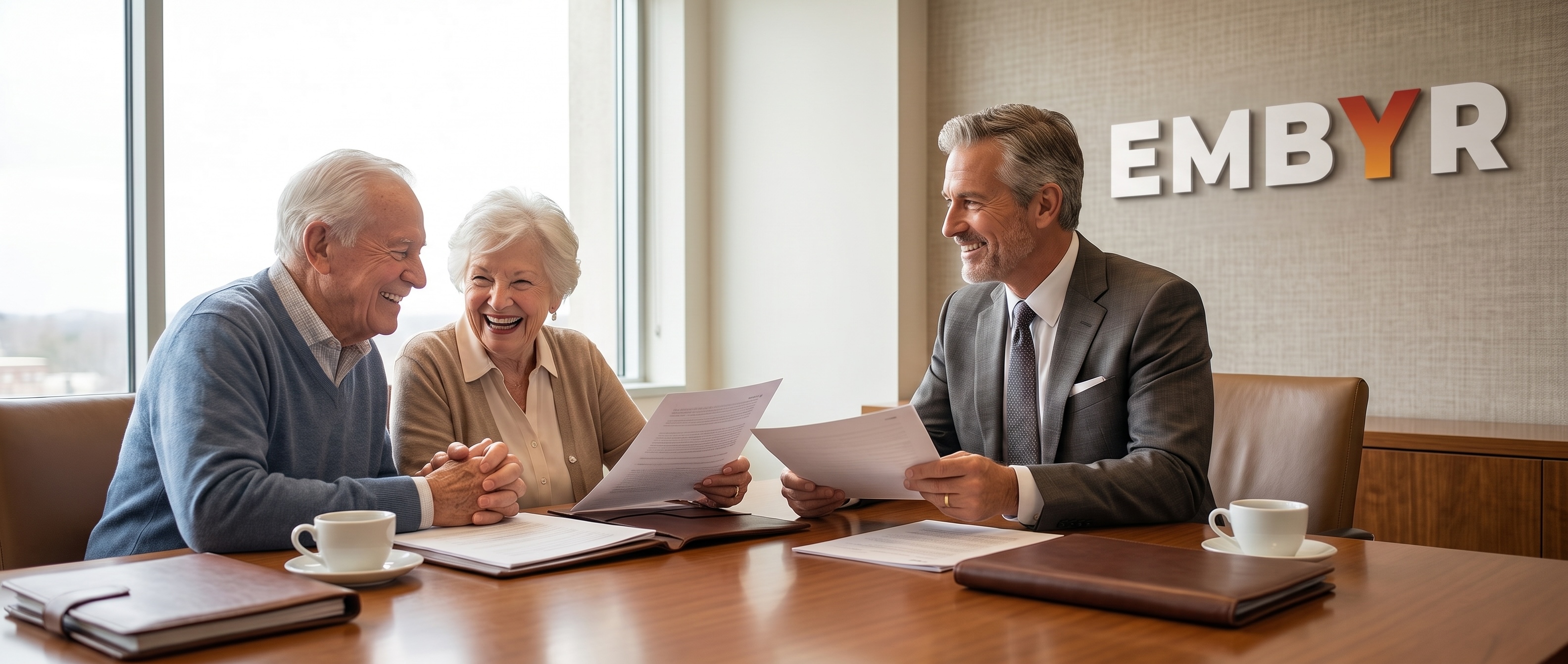An estate planning attorney guiding a happy couple through their estate plan at Embyr