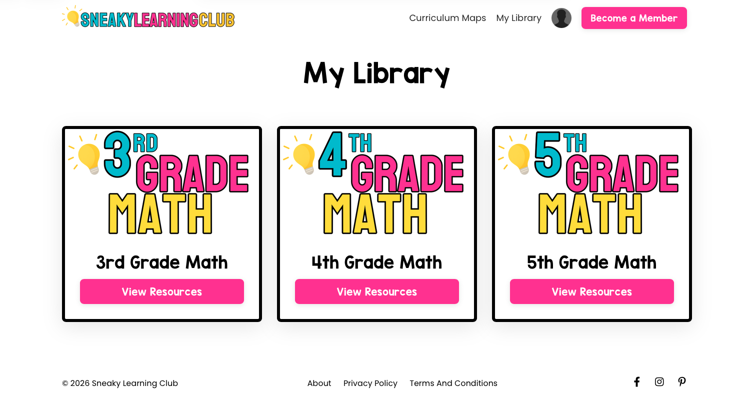Sneaky Learning Club library home with 3rd, 4th, and 5th grade math