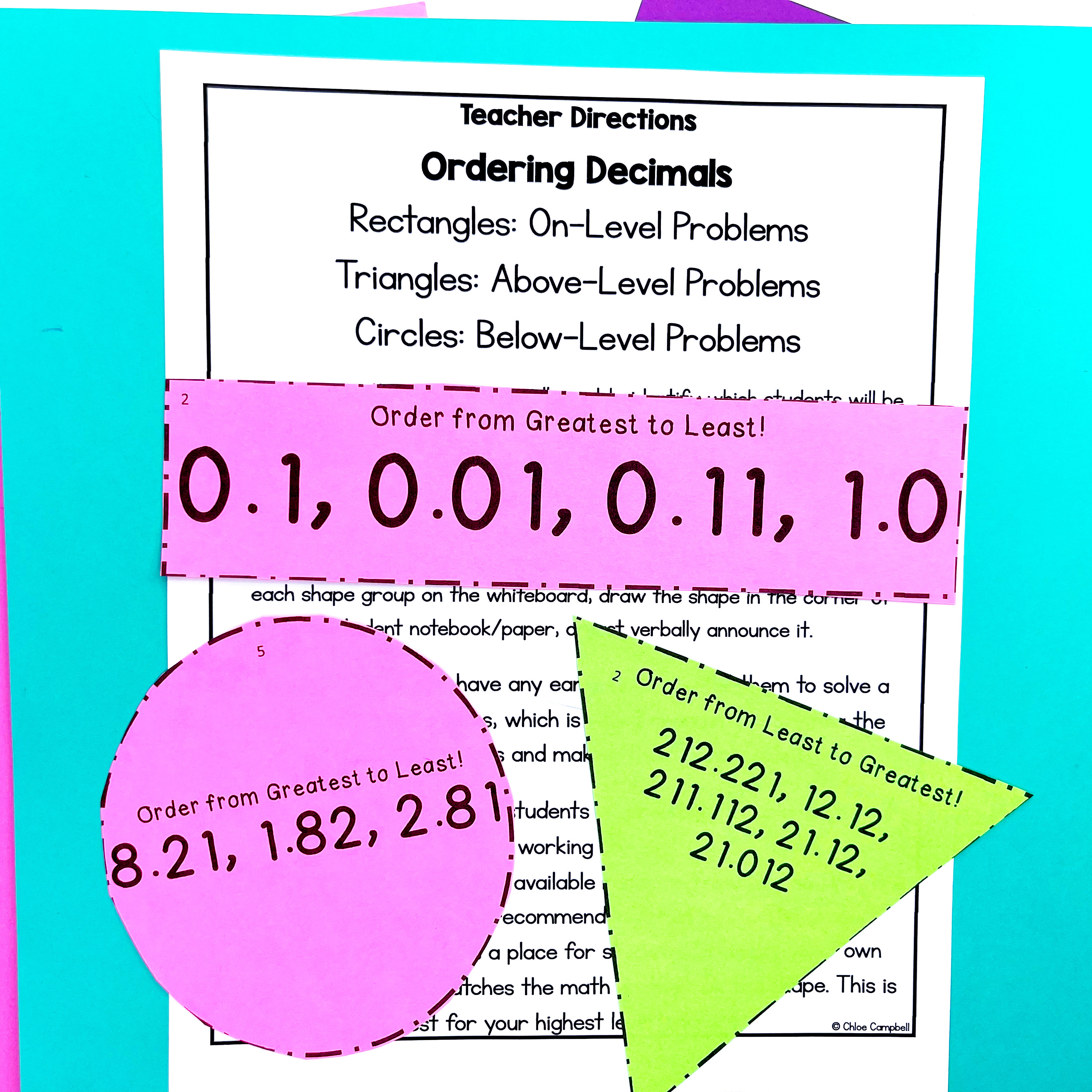 Ordering decimals shape sort with rectangles for on-level, triangles for above-level, and circles for below-level problems