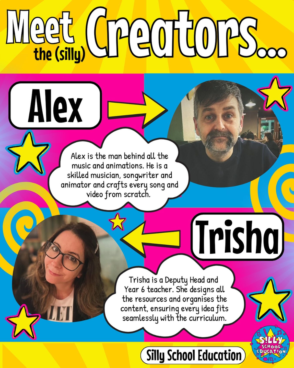 Alex and Trisha, founders of Silly School Education — Alex is the musician and animator, Trisha is a Deputy Head and Year 6 teacher.