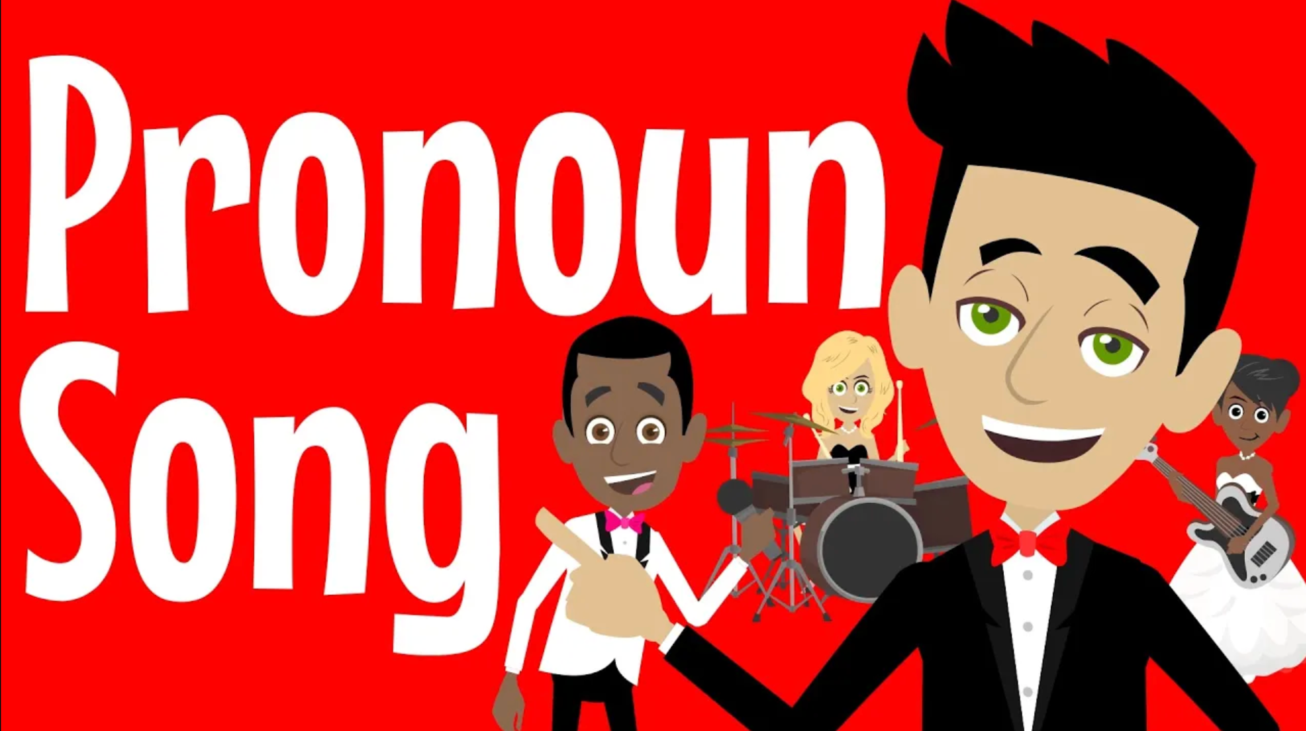 Thumbnail for 'Pronoun Song', Silly School Education's first YouTube video, featuring animated band characters performing.