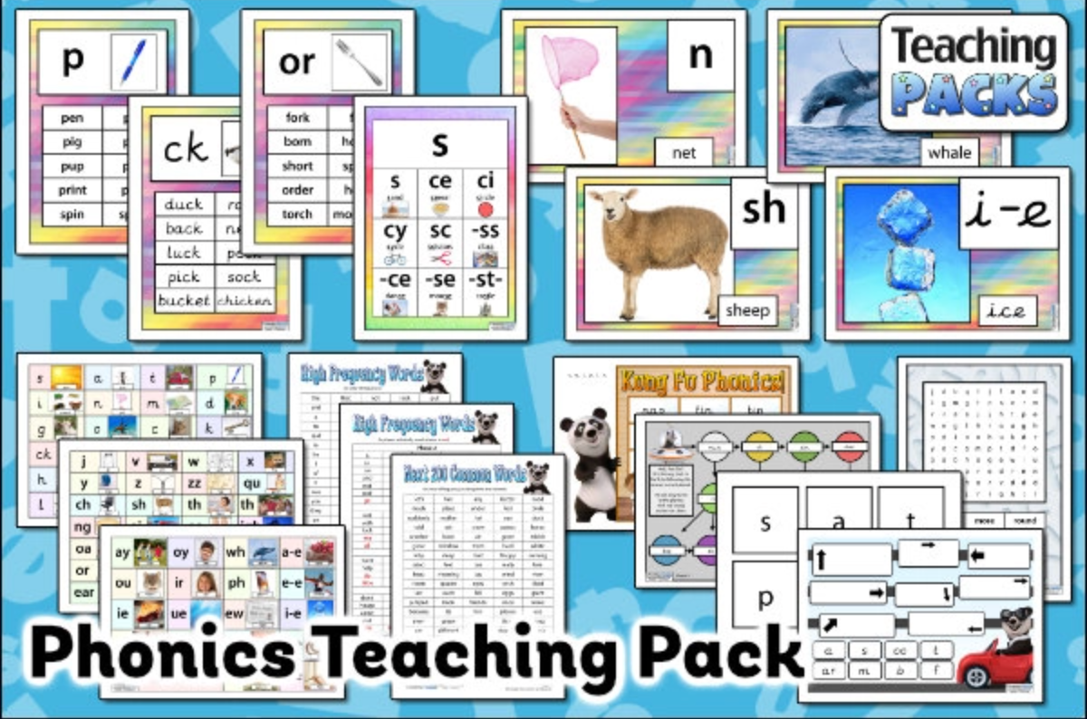 Phonics teaching pack preview featuring letter sound flashcards, digraph cards (sh, ee, i-e), high-frequency word lists and a phonics word search for primary and elementary classrooms.