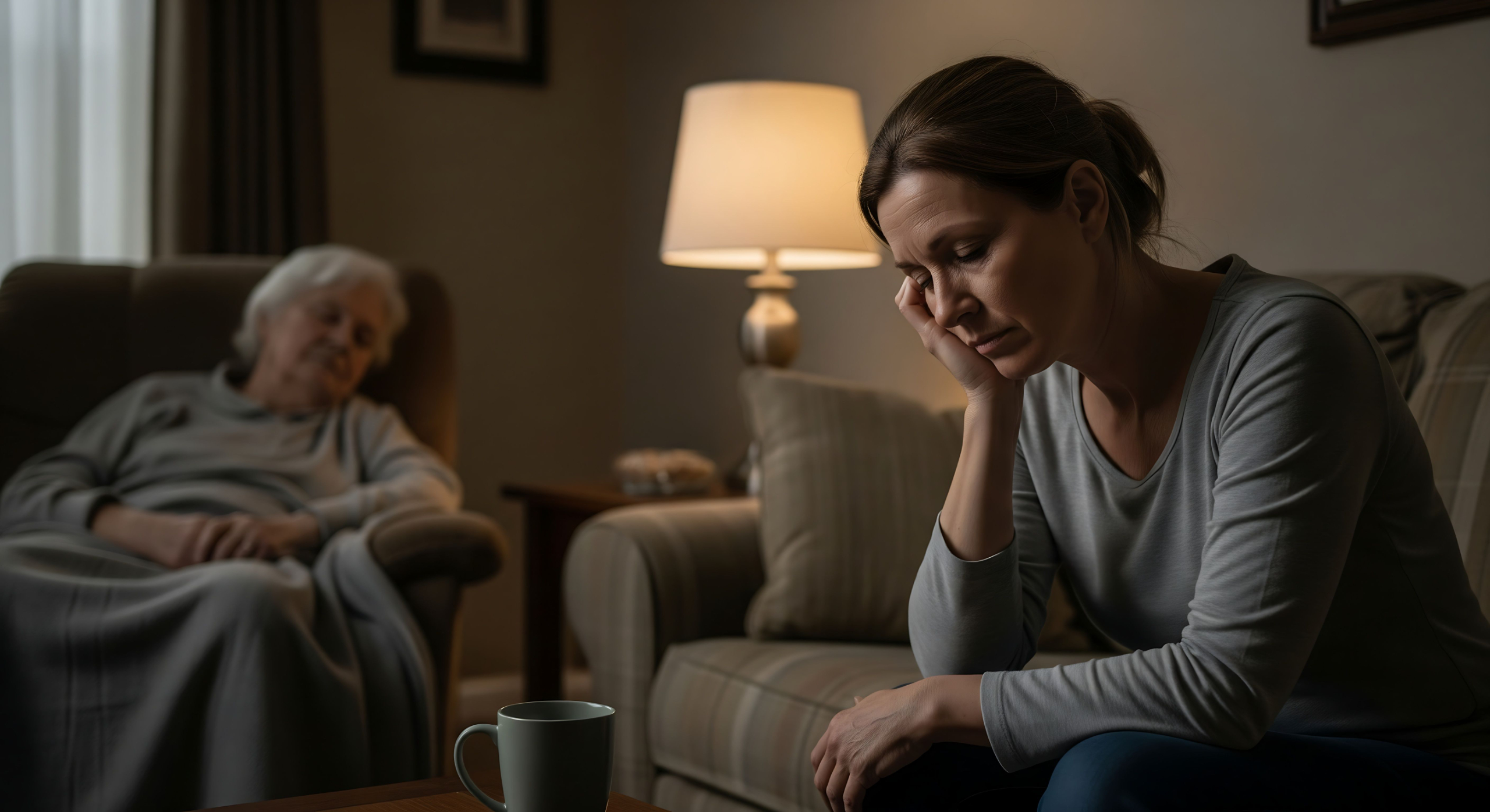 Woman looking exhausted while sitting near an older adult she cares for at home