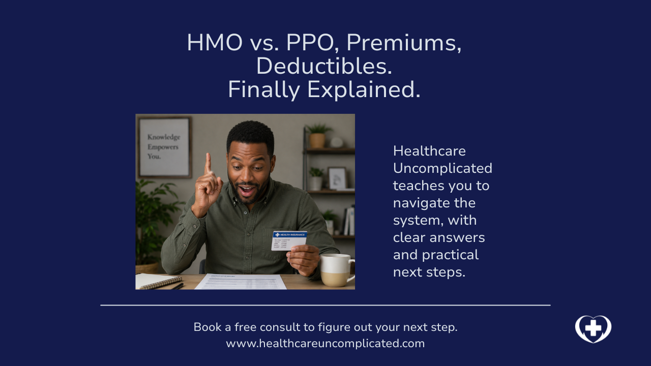 Man, who is Black, holding a health insurance card at a desk, having an "aha" moment while reviewing his coverage