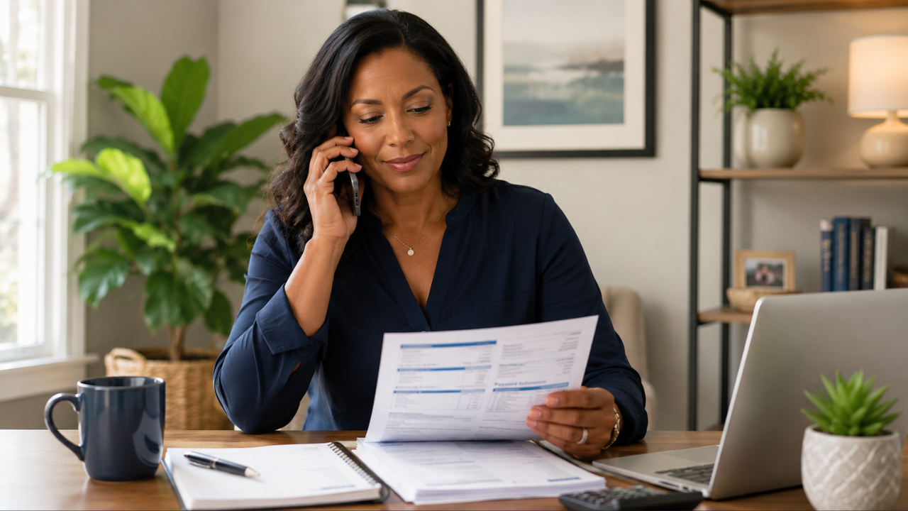 Graphic reading 'One Phone Call. Questions That Actually Get You Answers.' with a photo of a woman reviewing a medical bill while on the phone.