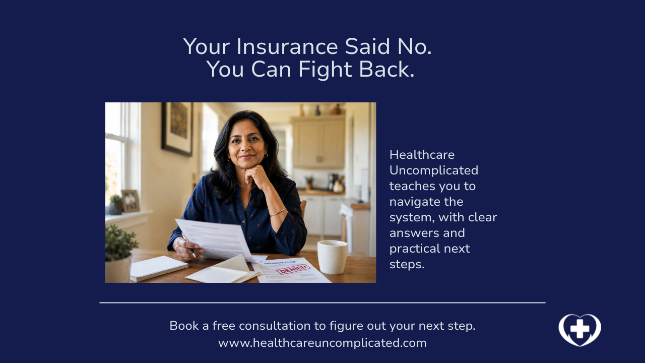An Indian woman sitting at kitchen table holding paperwork and pen, with an insurance claim marked "DENIED" on the table in front of her, looking confident and thoughtful.