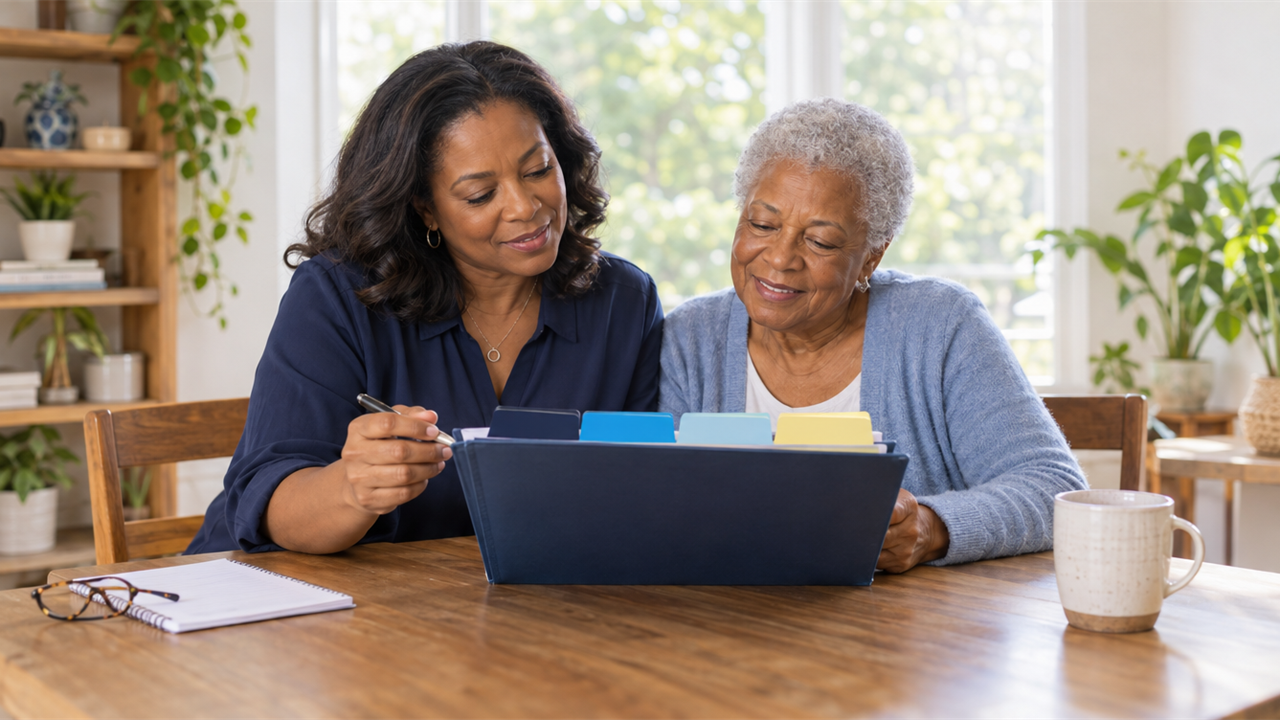 A woman in her 50s and her mother in her 80s sit together at a kitchen table, smiling over a navy folder with four colored tabs