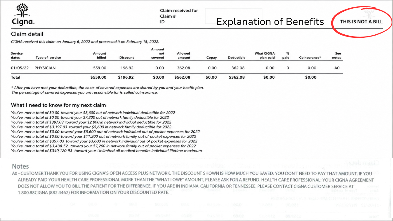 Blog graphic with a navy background showing the title "What is an EOB and How Do I Read It? Finally Explained." next to a sample Cigna Explanation of Benefits document with the words "This Is Not a Bill" circled in red.