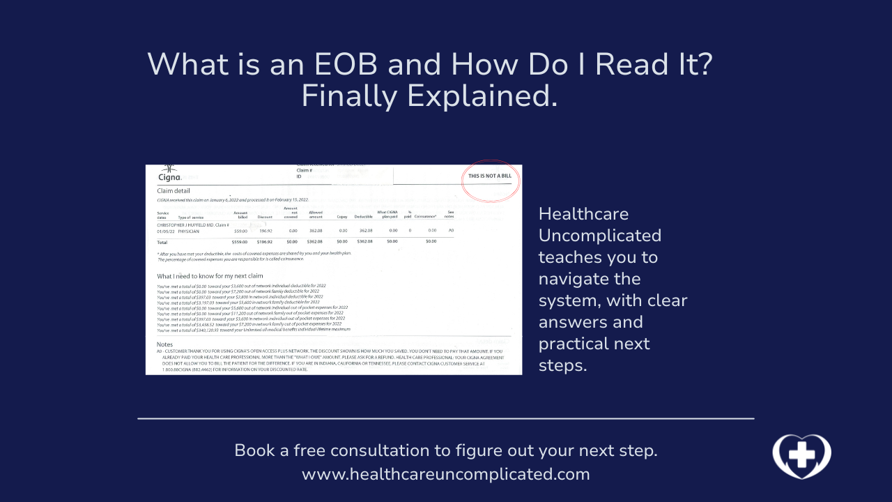 Blog graphic with a navy background showing the title "What is an EOB and How Do I Read It? Finally Explained." next to a sample Cigna Explanation of Benefits document with the words "This Is Not a Bill" circled in red.
