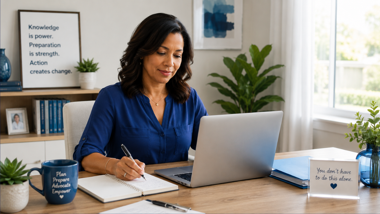 A woman with medium-brown skin sits calmly at a desk, writing notes beside a laptop. A poster in the background reads "Knowledge is power. Preparation is strength. Action creates change." A card on the desk reads "You don't have to do this alone."