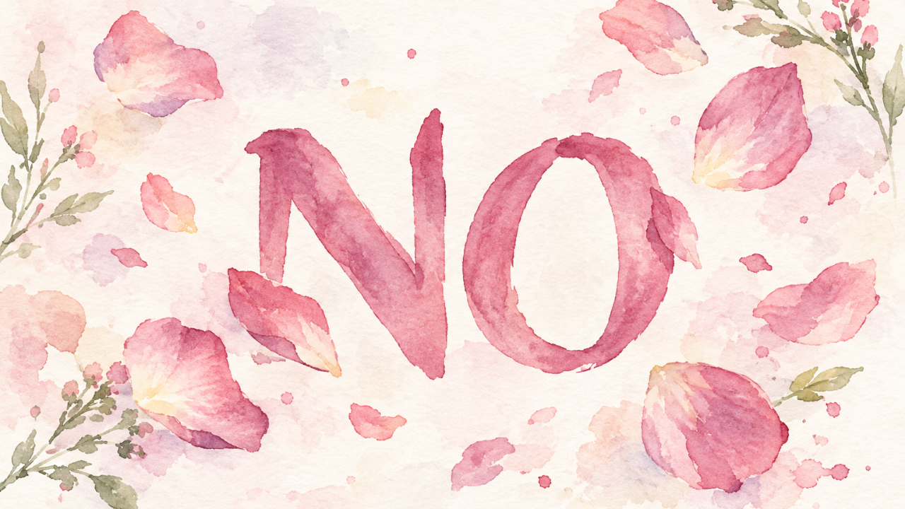 The word 'NO' in pink watercolor calligraphy, surrounded by soft pink flower petals — a reminder that a boundary can still be kind.