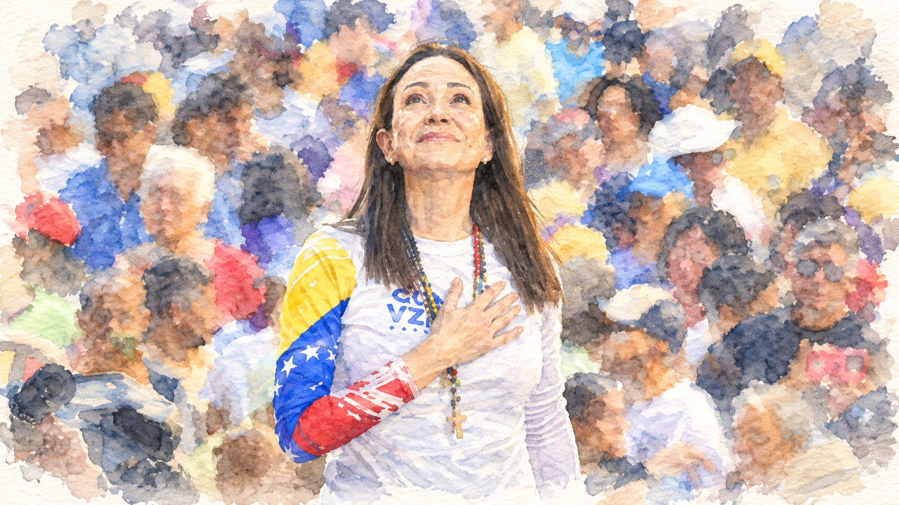 Watercolor portrait of Maria Corina Machado, hand over heart, wearing the Venezuelan flag on her sleeve, standing before a crowd.