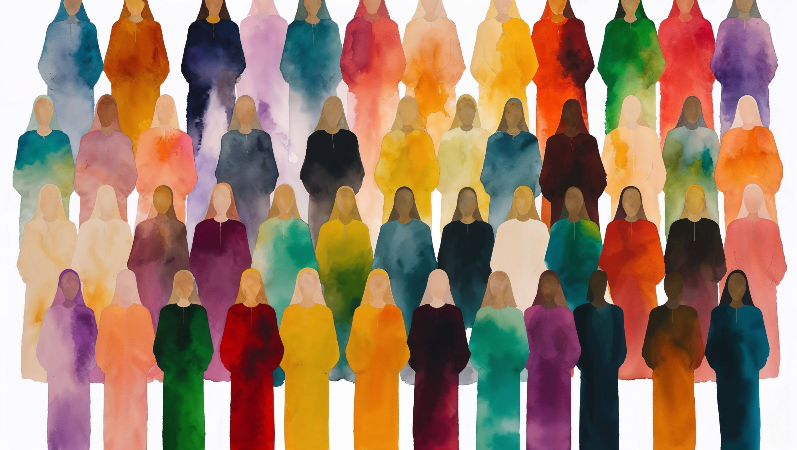 A watercolor illustration of a crowd of women in colorful robes, standing together, their faces left blank, symbolizing the many who hold each other up.