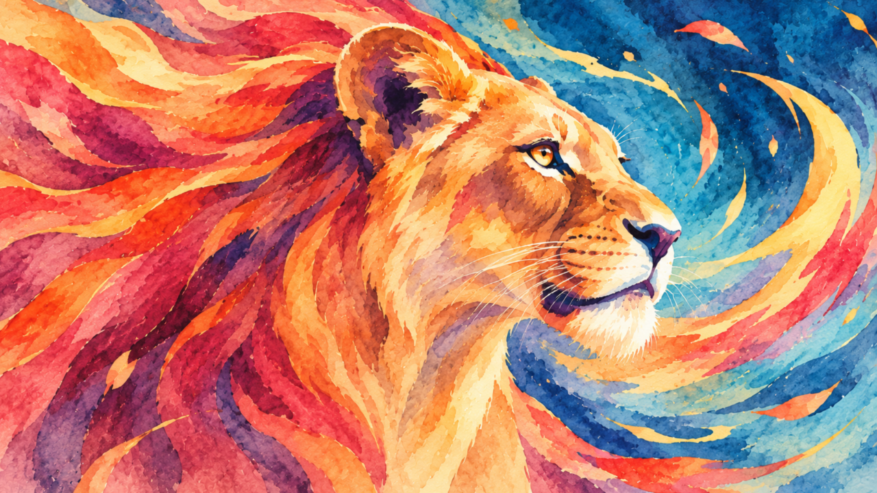 A watercolor lioness with a flowing, rainbow-colored mane, a symbol of the power and voice this post invites women to reclaim.