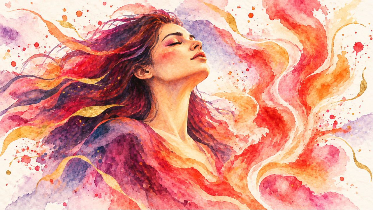 Watercolor portrait of a woman with closed eyes, her hair dissolving into swirling red and orange flames, a symbol of feminine rage finally let loose.