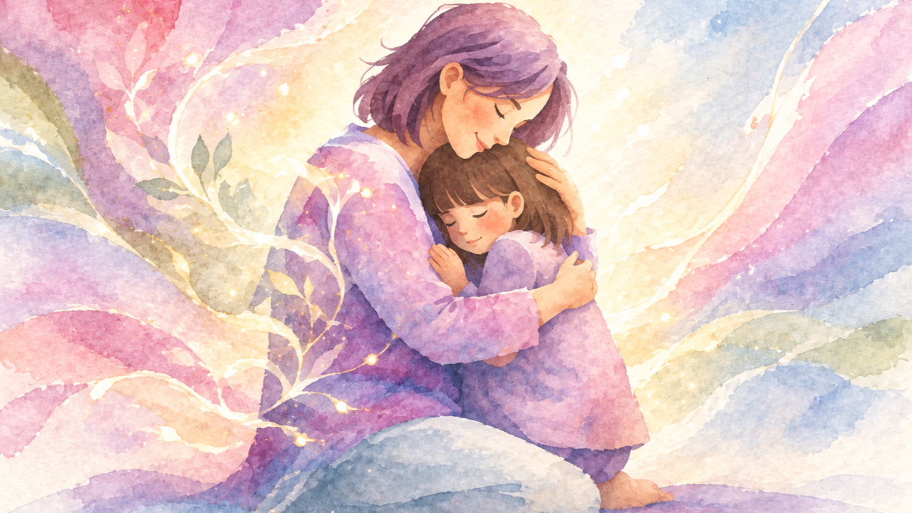 A watercolor mother embracing her child in soft, swirling light — the unconditional love this post asks you to offer your own hardest parts