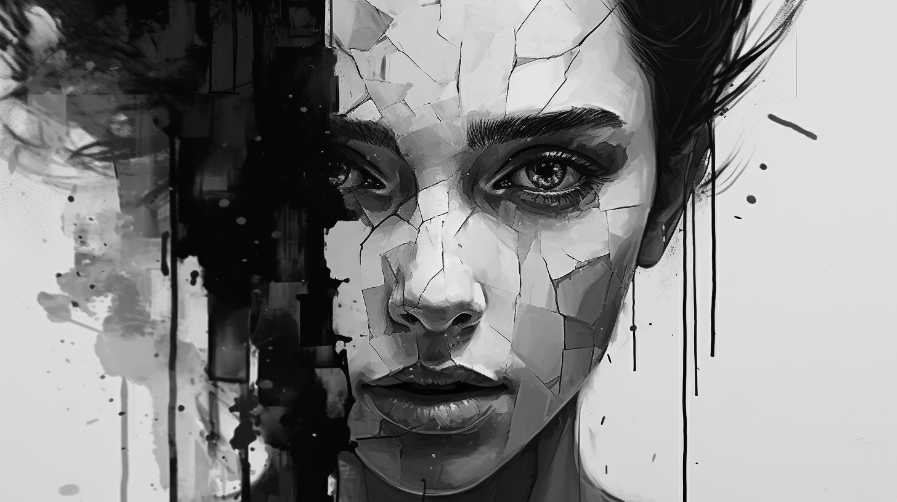 A black-and-white portrait of a woman's face, shattered into cracked porcelain on one side, dissolving into dark dripping paint on the other.