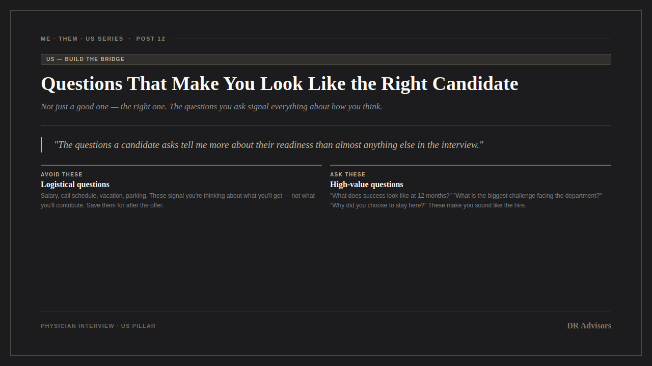 DR Advisors blog graphic for Questions That Make You Look Like the Right Candidate — contrasting logistical questions to avoid with high-value questions that signal strategic thinking. Dark background with warm gold accents.