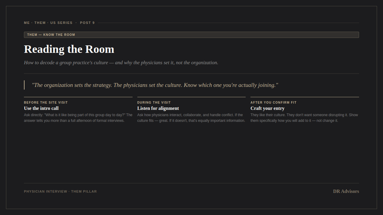 DR Advisors blog graphic for Reading the Room — three-step framework for decoding physician group culture: use the intro call, listen for alignment, craft your entry. Dark background with warm gold accents.