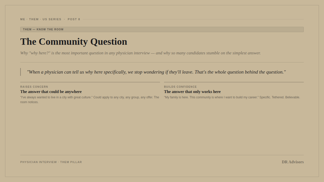 DR Advisors blog graphic for The Community Question — contrasting generic interview answers with specific, tethered ones. Gold background with dark typography.