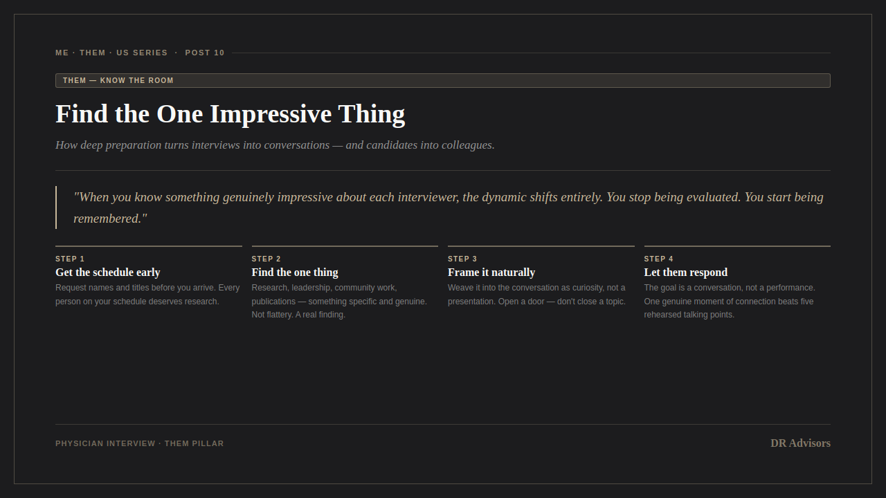 DR Advisors blog graphic for Find the One Impressive Thing — four-step framework for deep interviewer research: get the schedule, find the one thing, frame it naturally, let them respond. Dark background with gold accents.
