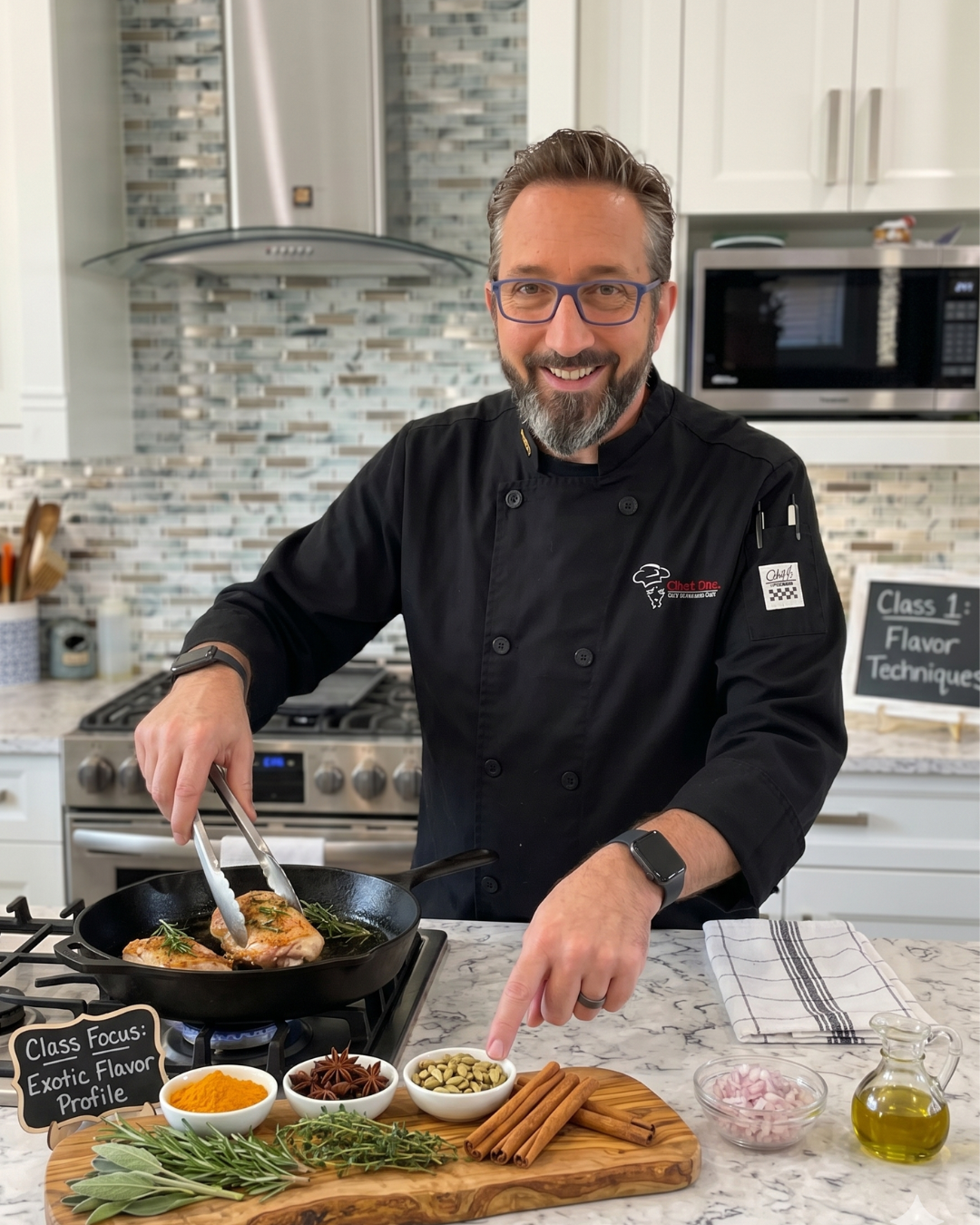 Chef Dez demonstrating a professional cooking technique in the kitchen