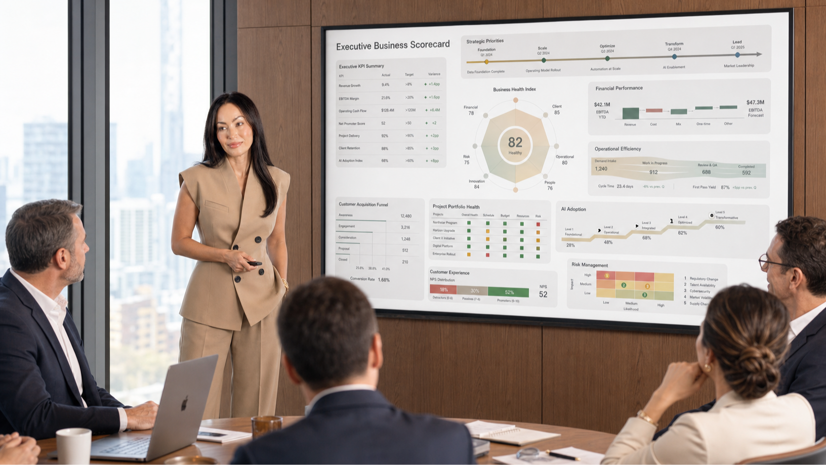 Equipo ejecutivo revisando sistemas comerciales desactualizados